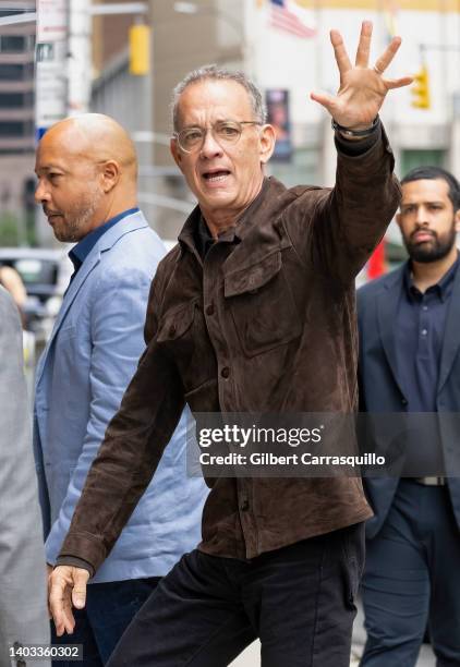 Actor Tom Hanks is seen arriving to "The Late Show With Stephen Colbert" at Ed Sullivan Theater on June 16, 2022 in New York City.