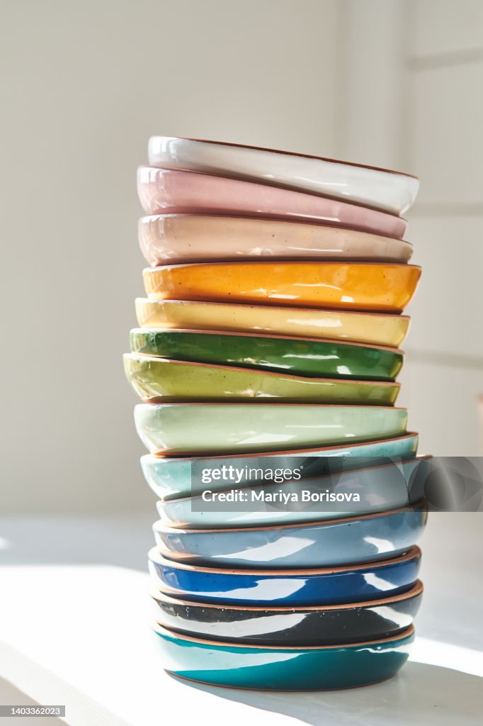 A stack of ceramic plates on a white background.