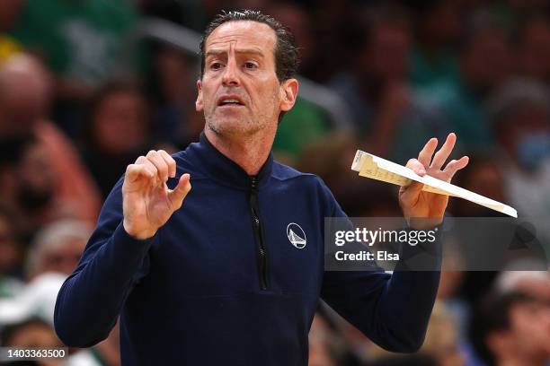 Assistant coach Kenny Atkinson of the Golden State Warriors reacts against the Boston Celtics during the first quarter in Game Six of the 2022 NBA...