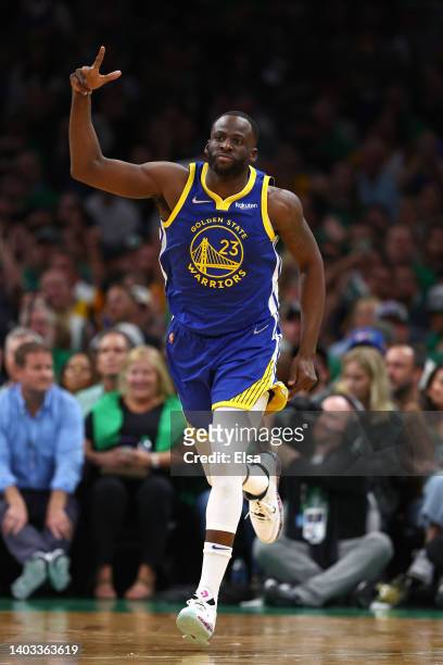 Draymond Green of the Golden State Warriors celebrates a three pointer against the Boston Celtics during the first quarter in Game Six of the 2022...