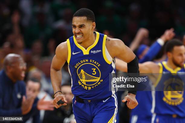 Jordan Poole of the Golden State Warriors celebrates a three pointer against the Boston Celtics during the second quarter in Game Six of the 2022 NBA...