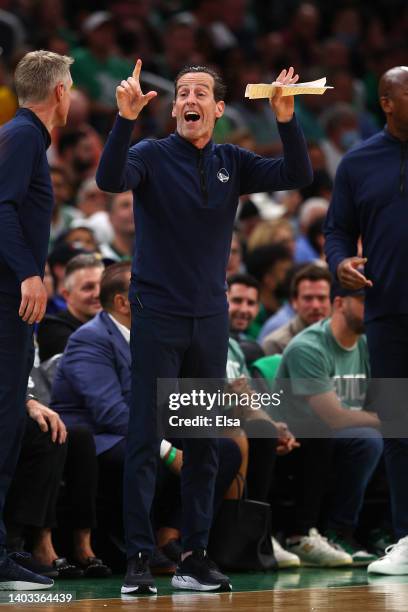 Assistant coach Kenny Atkinson of the Golden State Warriors reacts against the Boston Celtics during the first quarter in Game Six of the 2022 NBA...