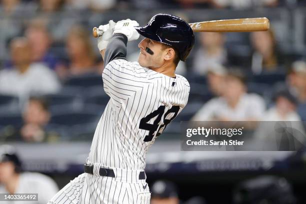 Anthony Rizzo of the New York Yankees hits a walk-off home run during the ninth inning against the Tampa Bay Rays at Yankee Stadium on June 16, 2022...
