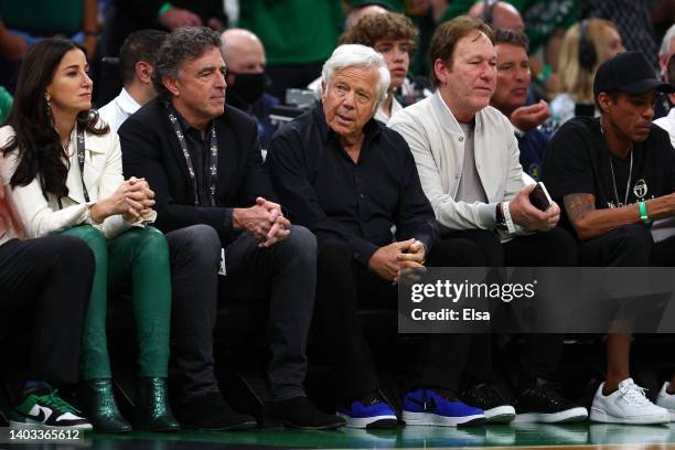 Owner Wyc Grousbeck of the Boston Celtics and owner Robert Kraft of the New England Patriots look on courtside during the first quarter in Game Six...