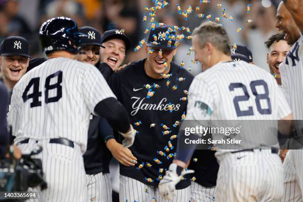 The New York Yankees react after Anthony Rizzo hit a walk-off home run during the ninth inning against the Tampa Bay Rays at Yankee Stadium on June...