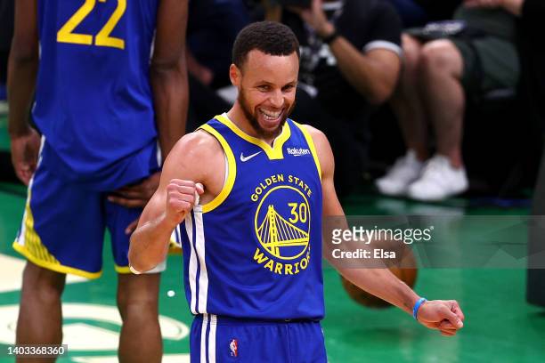 Stephen Curry of the Golden State Warriors celebrates against the Boston Celtics during the second quarter in Game Six of the 2022 NBA Finals at TD...