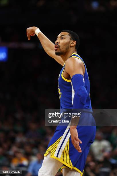 Otto Porter Jr. #32 of the Golden State Warriors celebrates a three pointer against the Boston Celtics during the third quarter in Game Six of the...