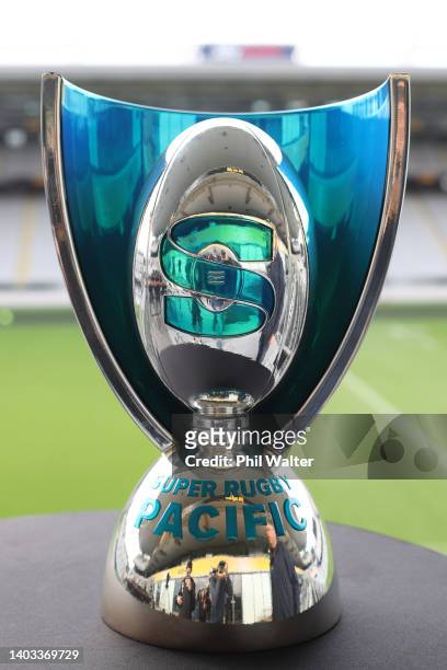 The Super Rugby Pacific trophy is displayedduring a media opportunity ahead of tomorrow night's Super Rugby Pacific Final, at Eden Park on June 17,...