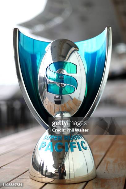 The Super Rugby Pacific trophy is displayed during a media opportunity ahead of tomorrow night's Super Rugby Pacific Final, at Eden Park on June 17,...