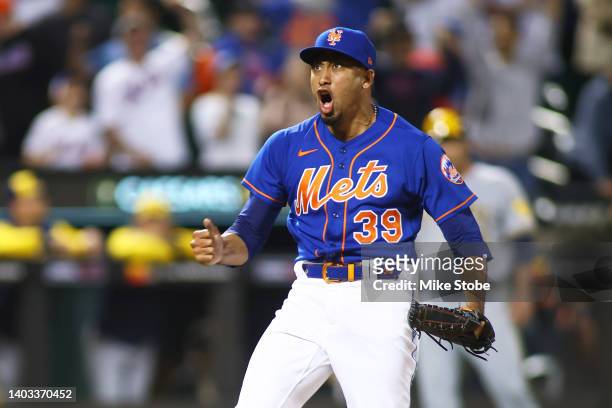 Edwin Diaz of the New York Mets celebrates after defeating the Milwaukee Brewers 5-4 at Citi Field on June 16, 2022 in the Flushing neighborhood of...