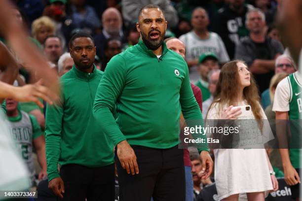 Head coach Ime Udoka of the Boston Celtics reacts against the Golden State Warriors during the third quarter in Game Six of the 2022 NBA Finals at TD...