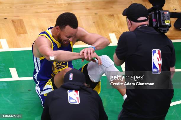 Stephen Curry of the Golden State Warriors reacts after defeating the Boston Celtics 103-90 in Game Six of the 2022 NBA Finals at TD Garden on June...