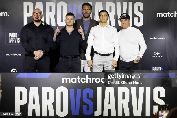 Alfie Di Carlo, Liam Paro, Eddie Hearn, Brock Jarvis and Jeff Fenech pose for a portrait during a Matchroom boxing press conference at Cloudland on...