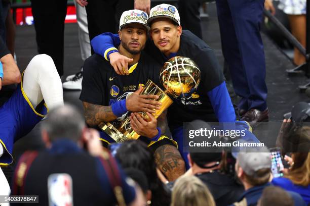 Gary Payton II and Juan Toscano-Anderson of the Golden State Warriors celebrate after defeating the Boston Celtics 103-90 in Game Six of the 2022 NBA...