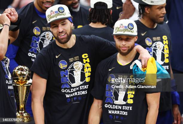 Stephen Curry and Klay Thompson of the Golden State Warriors celebrate after defeating the Boston Celtics 103-90 in Game Six of the 2022 NBA Finals...
