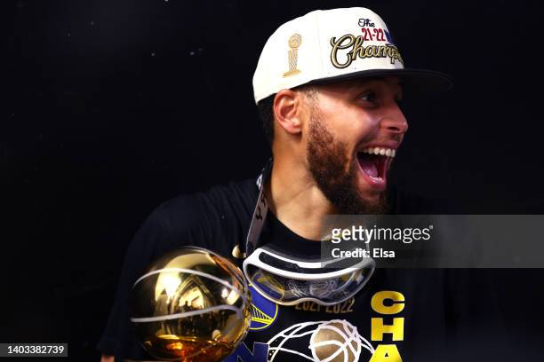 Stephen Curry of the Golden State Warriors celebrates after defeating the Boston Celtics 103-90 in Game Six to win the 2022 NBA Finals at TD Garden...