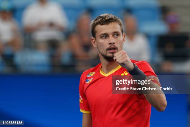 Alexander Cozbinov of Moldova reacts to winning a point in the game against Dimitar Kuzmanov of Bulgaria during day three of the 2020 ATP Cup at Ken...