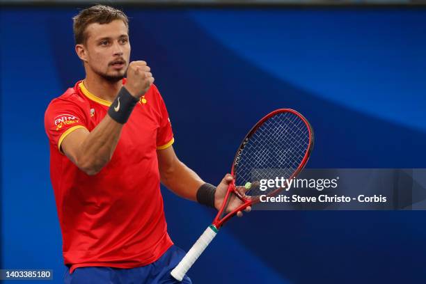 Alexander Cozbinov of Moldova reacts to winning a point in the game against Dimitar Kuzmanov of Bulgaria during day three of the 2020 ATP Cup at Ken...