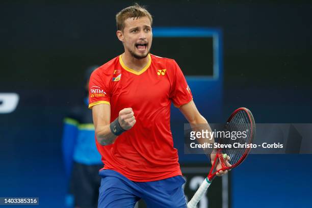 Alexander Cozbinov of Moldova reacts in the game against Dimitar Kuzmanov of Bulgaria during day three of the 2020 ATP Cup at Ken Rosewall Arena on...