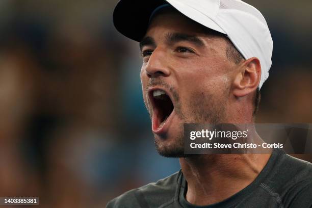 Dimitar Kuzmanov of Bulgaria reacts to winning the match against Alexander Cozbinov of Moldova during day three of the 2020 ATP Cup at Ken Rosewall...