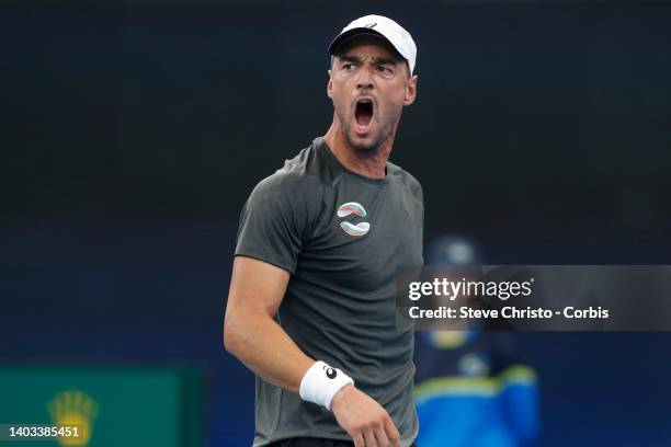 Dimitar Kuzmanov of Bulgaria reacts to winning a point the match in the game between Alexander Cozbinov of Moldova during day three of the 2020 ATP...