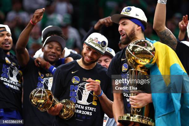 Stephen Curry and Klay Thompson of the Golden State Warriors celebrate after defeating the Boston Celtics 103-90 in Game Six of the 2022 NBA Finals...