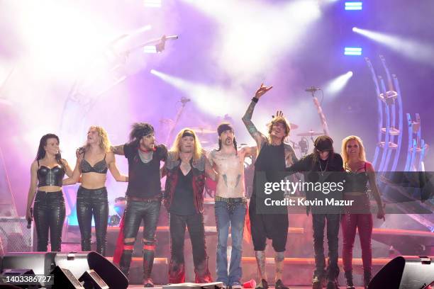 Nikki Sixx, Vince Neil, Tommy Lee, and Mick Mars of Mötley Crüe perform onstage during The Stadium Tour at Truist Park on June 16, 2022 in Atlanta,...