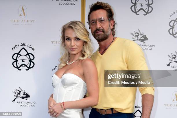 Irina Baeva and Gabriel Soto pose for a photo during the launch of AXO Fight Club on June 16, 2022 in Mexico City, Mexico. The initiative seeks to...