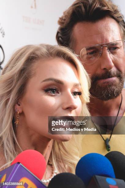 Irina Baeva and Gabriel Soto speak during the launch of AXO Fight Club on June 16, 2022 in Mexico City, Mexico. The initiative seeks to save the...