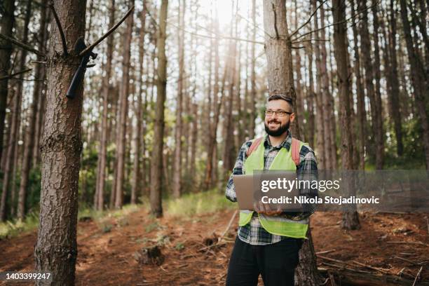 förster beim arbeiten und verwenden des laptops im wald - baumdoktor stock-fotos und bilder