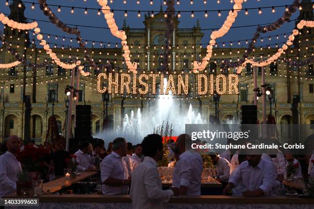 General view of atmosphere prior the Dior "Crucero Collection" fashion show by Christian Dior at Plaza de España on June 16, 2022 in Seville, Spain.