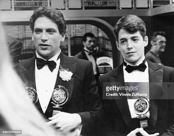 American actor Harvey Fierstein and American actor Matthew Broderick backstage at the 37th Annual Tony Awards, held at the Uris Theatre in New York...