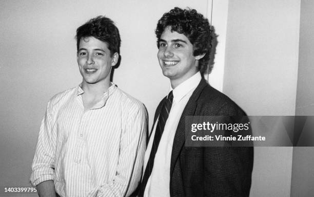 American actor Matthew Broderick and American actor Zach Galligan attend a 'Biloxi Blues' afterparty, held at The Limelight in New York City, New...