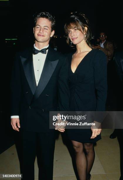 American actor Kirk Cameron and American actress Chelsea Noble attend the 48th Annual Golden Globe Awards, held at the Beverly Hilton Hotel in...