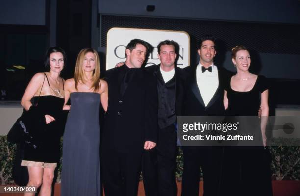 The cast of 'Friends' attend the 55th Golden Globe Awards, held at the Beverly Hilton Hotel in Beverly Hills, California, 18th January 1998.