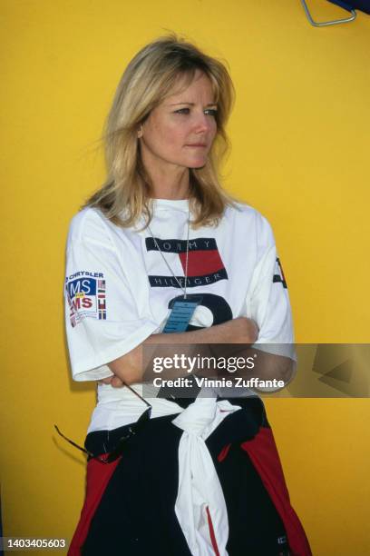 American fashion model Cheryl Tiegs, wearing a Tommy Hilfiger t-shirt, attends the Race to Erase MS Day of Sports, held at UCLA Drake Stadium,...