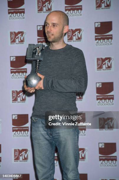 American singer, songwriter and musician Moby in the press room of the 2000 MTV Europe Music Awards, held at the Ericsson Globe in Stockholm, Sweden,...