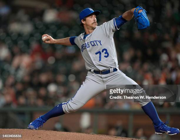 Daniel Mengden of the Kansas City Royals pitches against the San Francisco Giants in the bottom of the seventh inning at Oracle Park on June 14, 2022...