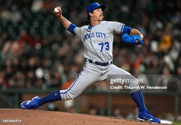 Daniel Mengden of the Kansas City Royals pitches against the San Francisco Giants in the bottom of the seventh inning at Oracle Park on June 14, 2022...