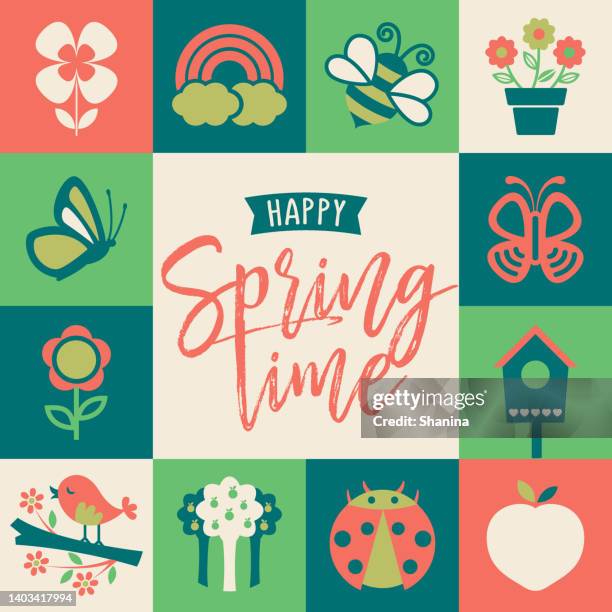 springtime square greeting card - v2 - bird worm stock illustrations