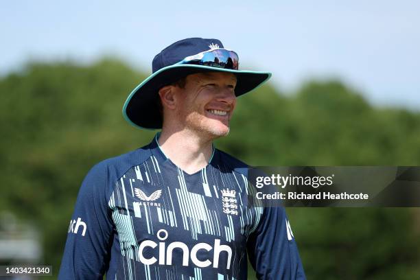 England Captain Eoin Morgan during the 1st One Day International between Netherlands and England at VRA Cricket Ground on June 17, 2022 in...