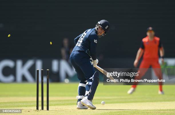 Jason Roy of England is bowled by Shane Snater of Netherlands during the first One Day International between Netherlands and England at VRA Cricket...