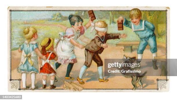 bildbanksillustrationer, clip art samt tecknat material och ikoner med group of children playing outdoors blind man's bluff art nouveau illustration 1899 - nostalgi