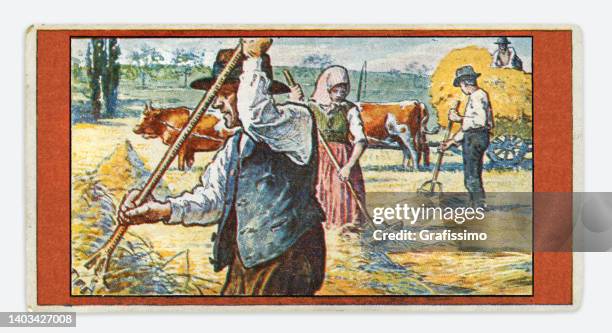 landwirtschaftsbauer erntet heu auf dem feld jugendstilillustration 1899 - hay stock-grafiken, -clipart, -cartoons und -symbole