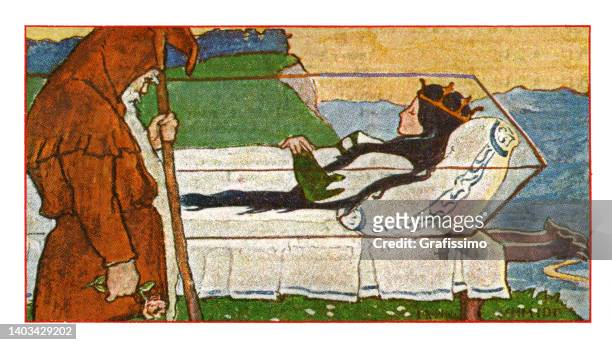 stockillustraties, clipart, cartoons en iconen met fairy tale snow white lying in coffin art nouveau illustration 1899 - snow white