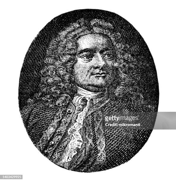 portrait of george frideric (or frederick) handel (georg friedrich händel) - german-british baroque composer well known for his operas, oratorios, anthems, concerti grossi, and organ concertos - george handel stockfoto's en -beelden