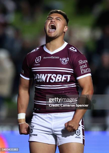 Joel Schuster of the Sea Eagles reacts during the round 15 NRL match between the Manly Sea Eagles and the North Queensland Cowboys at 4 Pines Park,...