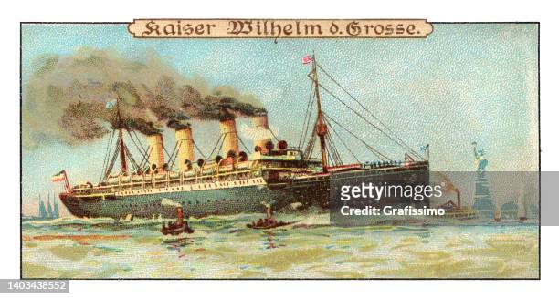 ilustraciones, imágenes clip art, dibujos animados e iconos de stock de crucero alemánwilhelm der grosse en el barco de vapor de nueva york ilustración art nouveau 1899 - vintage steamship