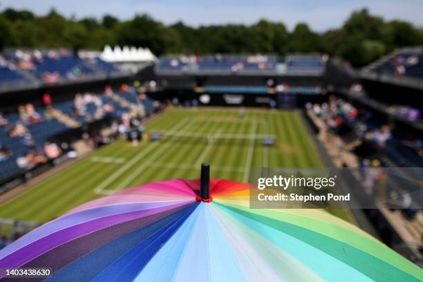 Rainbow umbrella is seen on Ann Jones Centre Court in support of the LTA's themed 'Friday Pride Day' in celebration of LGBTQ+ Pride Month on Day...