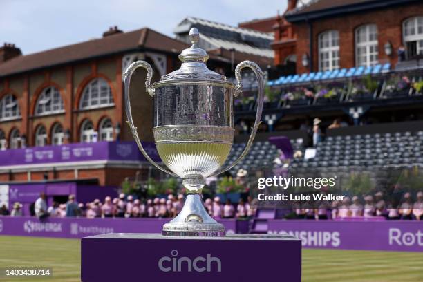 The Queens Cup Trophy is displayed on Centre Court during day five of the cinch Championships at The Queen's Club on June 17, 2022 in London, England.